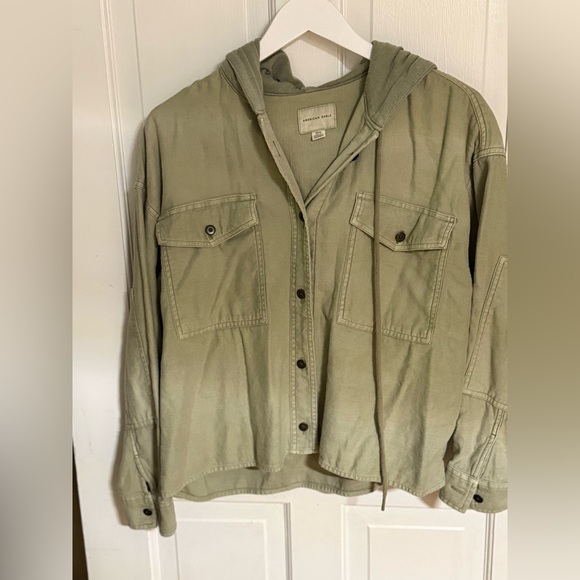 American Eagle cropped military hooded shirt army green small - Picture 1 of 4